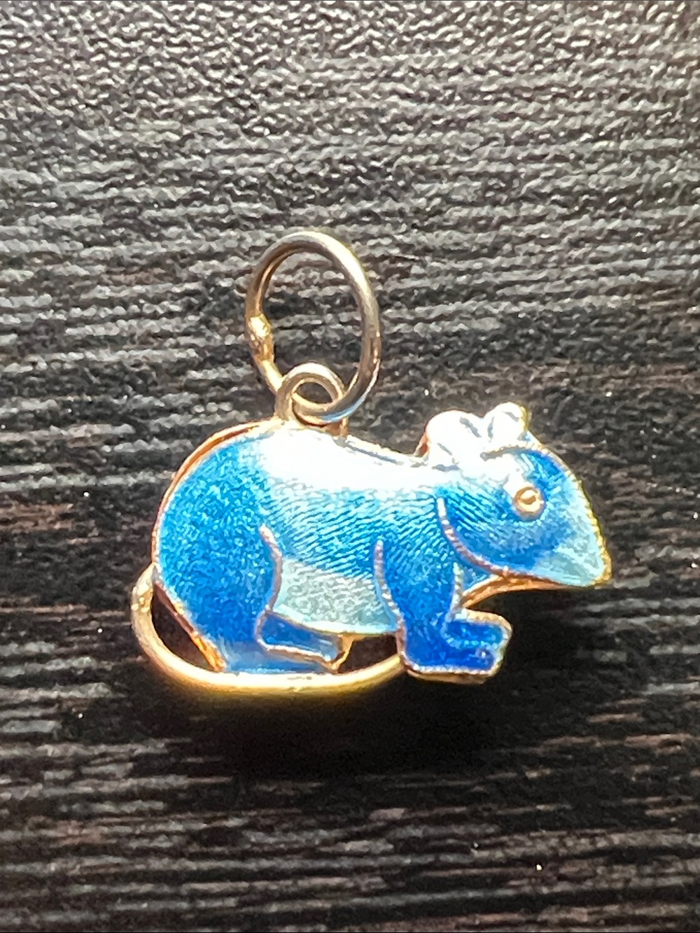 Vintage Blue Guilloche Enamel Mouse Rat Rodent Gold Gilt Charm Necklace Pendant